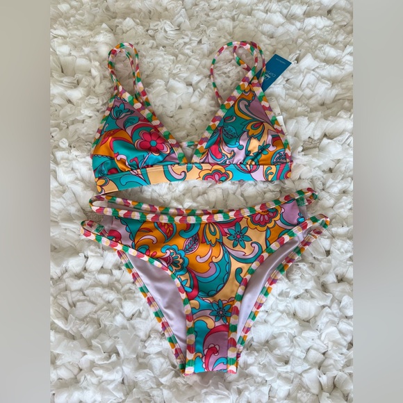 NWT Boho Wavy Striped Strappy V-Neck Top & Cutout Bikini Set SIZE SMALL - Picture 5 of 17